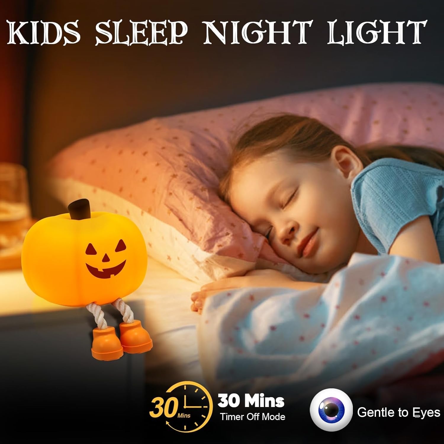 Child sleeping with a pumpkin-shaped night light next to them, featuring text about sleep light features.